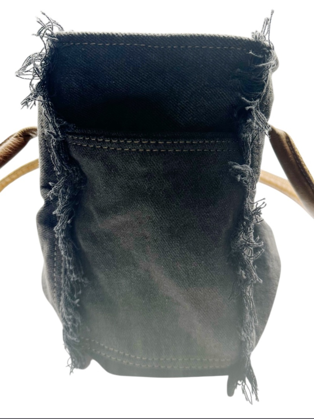 Mya Sel de Mer Charcoal Cotton Canvas Tote Bag Fringe Leather Handles Zip Top - Picture 4 of 7